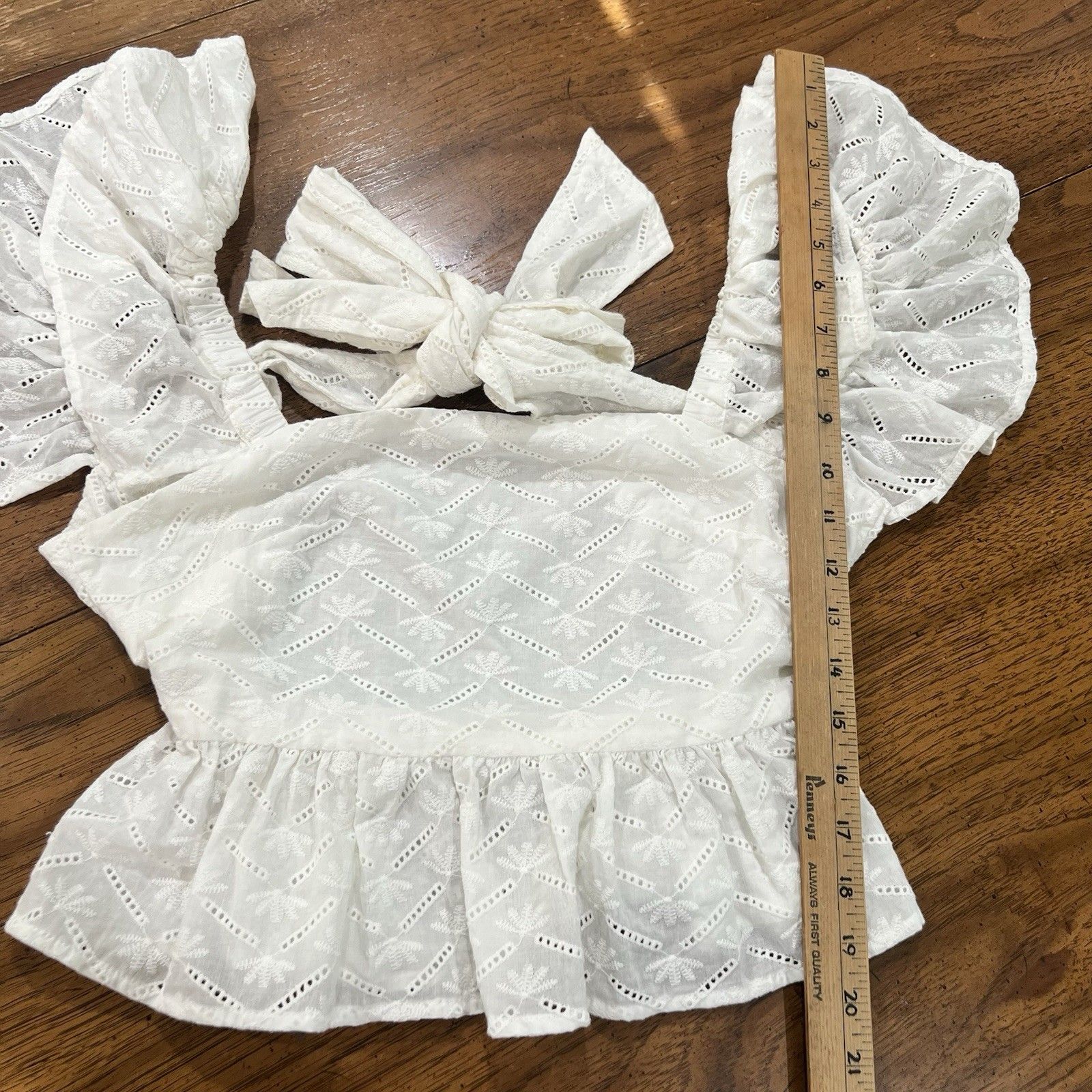 Blue Rain White Eyelet Peplum Top Xs Tie Back Ruffle Flutter Sleeve Cottagecore — image 6 of 6